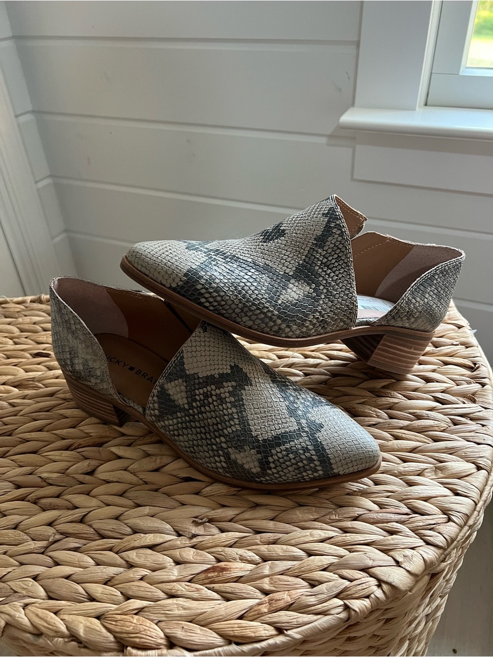 Lucky Brand Women's Snake-Print D'Orsay Mules in Gray and Cream